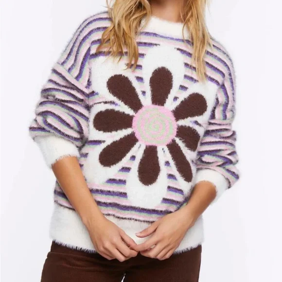 FOREVER 21 Fuzzy Striped Floral Graphic Sweater - Picture 5 of 16